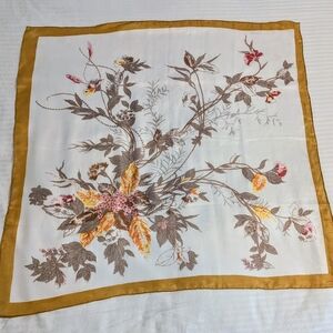 Vintage Floral Print Silk Scarf with Gold Border